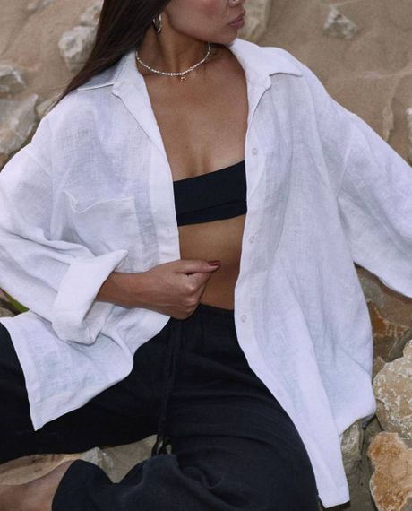 Женская льнаная легкая рубашка белая, свободная с длинным рукавом, BF1071 размер 42/44 | Зображення 1