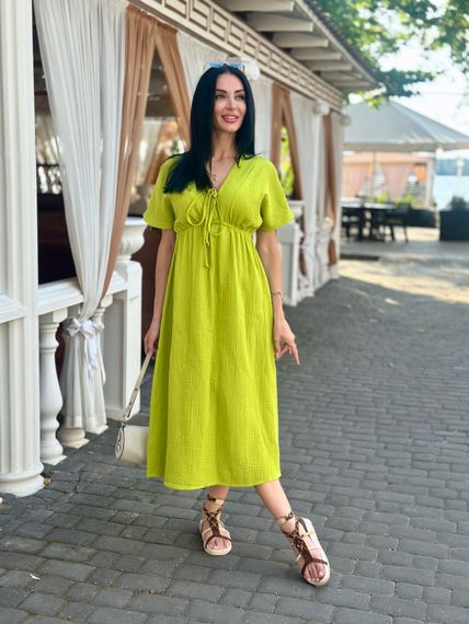 Женское длинное летнее платье из муслина легкое с завышенной талией размер 46/48 цвет горчичный GF58774