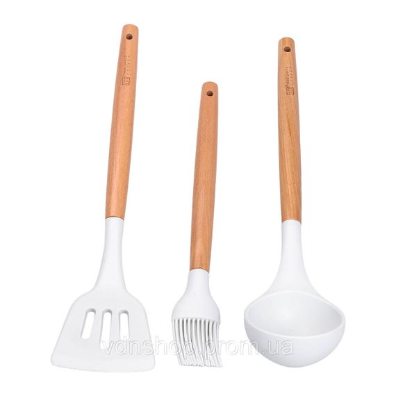 Набір посуду алюміній з товстим дном MGC з лопаткою, ополоником і щіткою білий HP-4-406W | Зображення 5