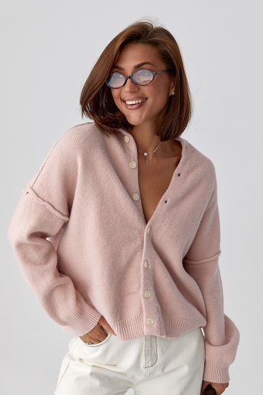 Теплий в'язаний кардиган на ґудзиках - пудра цвет, ONE SIZE (є розміри) | Зображення 4