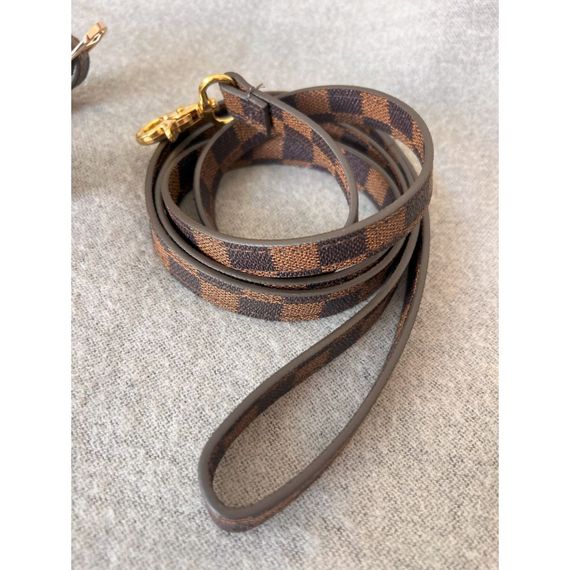 Брендовая шлея и поводок для собак LOUIS VUITTON расцветка в квадраты,  коричневая | Зображення 2
