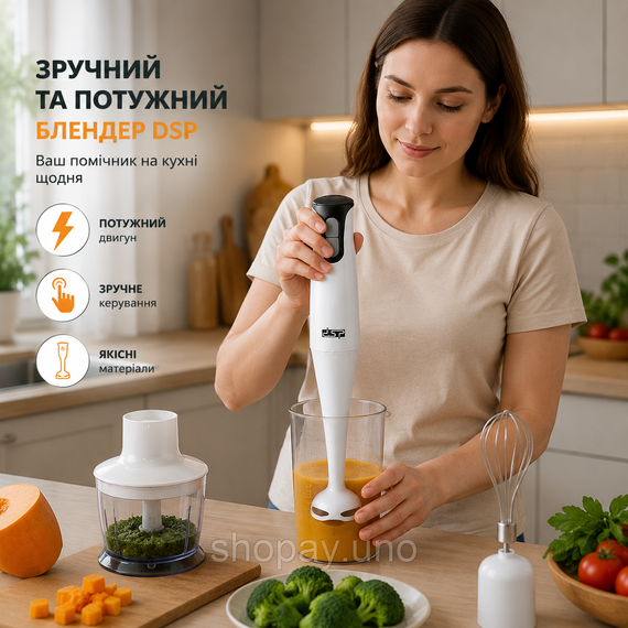 Блендер занурювальний ручний DSP KM-1003 400W 4 в 1 / Подрібнювач DSP с насадками / 4в1 білий подрібнювач міксер | Зображення 1