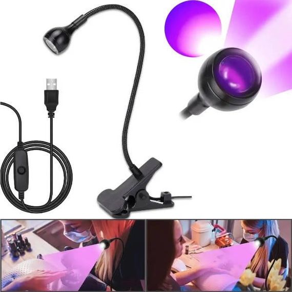 Лампа для наращивания ногтей ультрафиолетовая на гибком штативе с прищепкой креплением USB HA-141 Черная