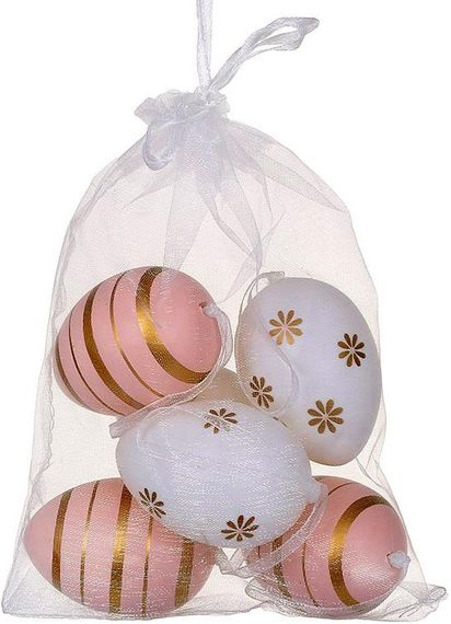Пасхальний декор "Яйця в мішечку", 6 яєць-підвісок 4х6см у сітці, білий з рожевим