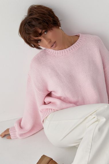 В'язана однотонна кофта з рукавами-ліхткриками - рожевий цвет, ONE SIZE (є розміри) | Зображення 4