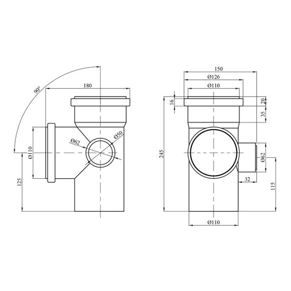 Хрестовина для внутрішньої каналізації Rozma 110х110х50/90° (права) | Зображення 1