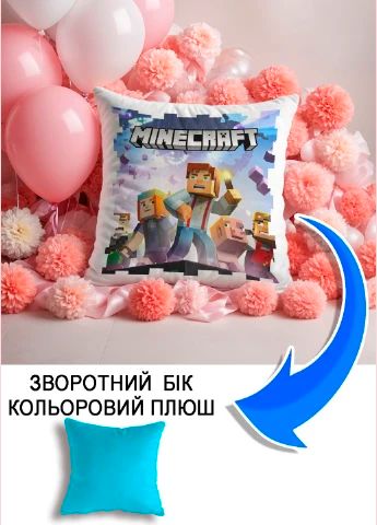 Подушка плюшева Мерч Крафт Дизайн з принтом Майнкрафт Minecraft 3 блакитний плюш квадратна 33х33 см