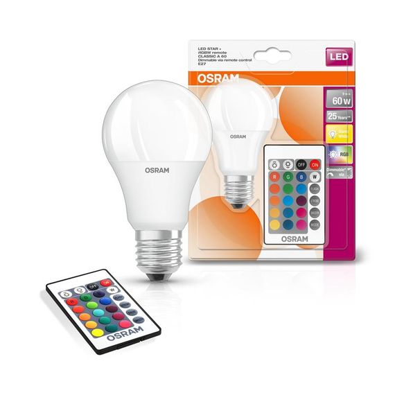 Лампа светодиодная OSRAM LED A60 9W 806Lm 2700К+RGB E27 пульт ДУ (4058075430754)
