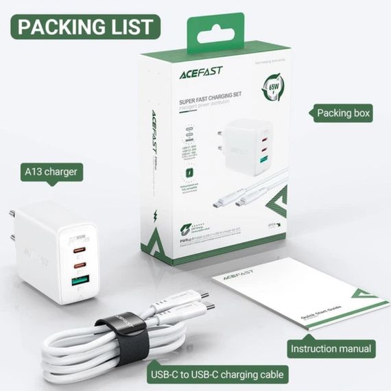 Сетевое зарядное устройство Acefast A13 Fast Charger PD 65W 2×Type-C / 1×USB с кабелем Type-C to Type-C - White | Зображення 3