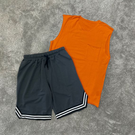 Мужской летний костюм майка и шорты BD0037 цвет оранжевый + серый, размер XL | Зображення 1