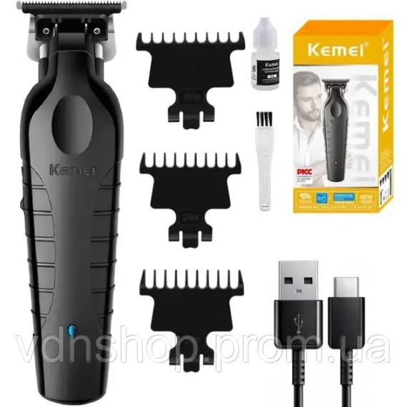 Аккумуляторная машинка для стрижки + 3 насадки, USB, Kemei KM-2299