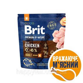 Корм Brit Premium by Nature Adult M для взрослых собак средних пород, курица, 1 кг