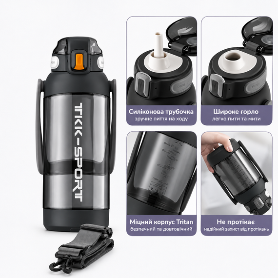 Бутылка TKK 1400 мл - Черная Tritan BPA-free, ударопрочная, спортивная с двойной системой переноски | Зображення 6