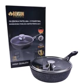 Сковорода глубокая с мраморным антипригарным покрытием с крышкой 26*7см Benson BN-483 Черная