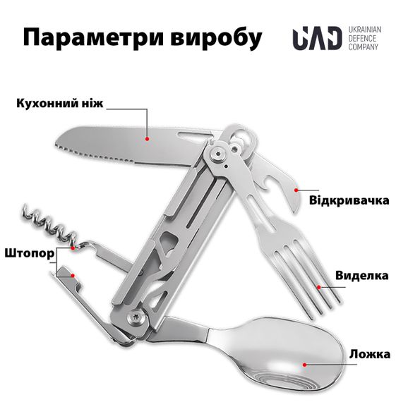 Туристичний мультитул 5 в 1 від українського бренду UAD з нержавіючої сталі. | Зображення 3