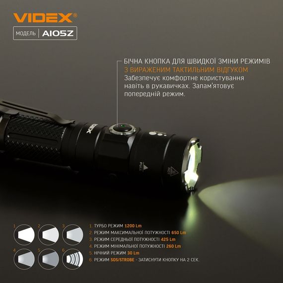 Фонарь Videx 1200Lm 5000K до 210 м дальность света, алюминиевый корпус, с аккумулятором  и регулировкой фокуса | Зображення 8