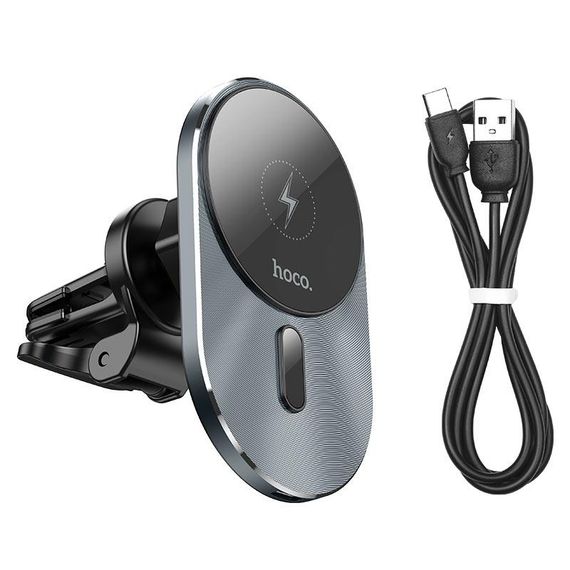 Автотримач HOCO CA91 + Wireless Charging 15W, кріплення на решітку, Type-C, Gray | Зображення 2