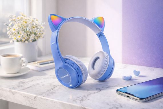 Бездротові навушники з котячими вушками та лід підсвічуванням Cat Ear Y47 Led, Bluetooth навушники з мікрофоном Синій | Зображення 1
