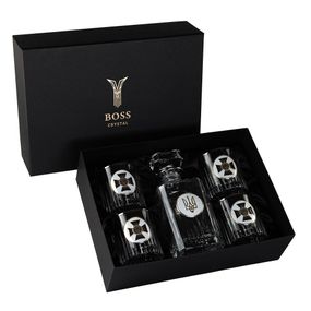 Набір для віскі "СЛУЖБА БЕЗПЕКИ" 4 келиха 360 мл, графін 750 мл, кришталь з платиною, зображення зі срібла з