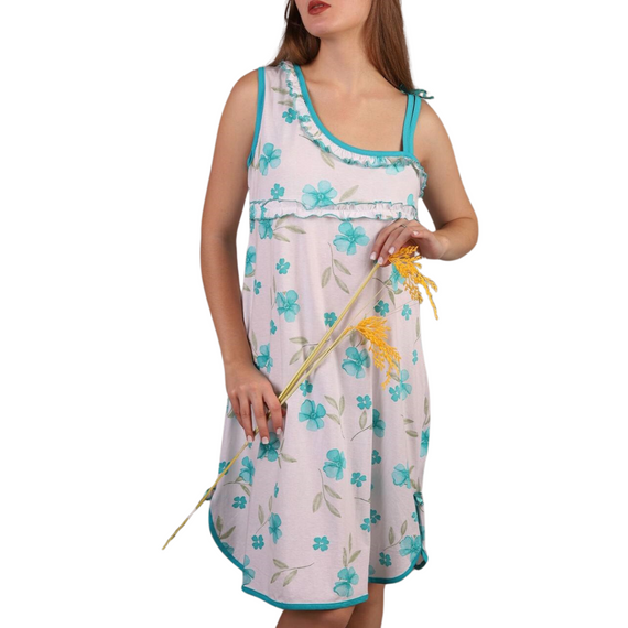 Нічна сорочка жіноча бавовна з малюнками квітів білий-блакитний L/XL | Зображення 1