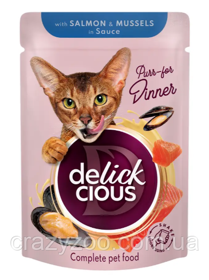 Вологий корм для котів Delickcious Шматочки з лососем та мідіями в соусі 85 г B5410201