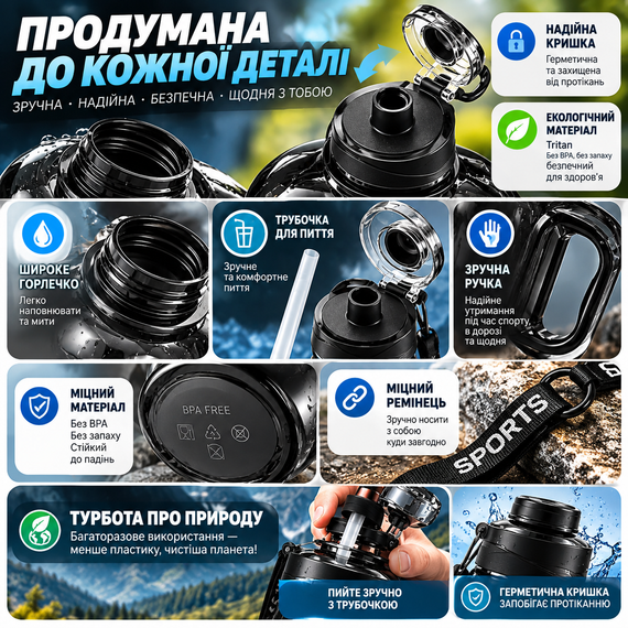 Спортивна пляшка для води SPORTS 1700 мл — велика багаторазова пляшка, чорний глянець, герметична кришка та ергономічна ручка | Зображення 1