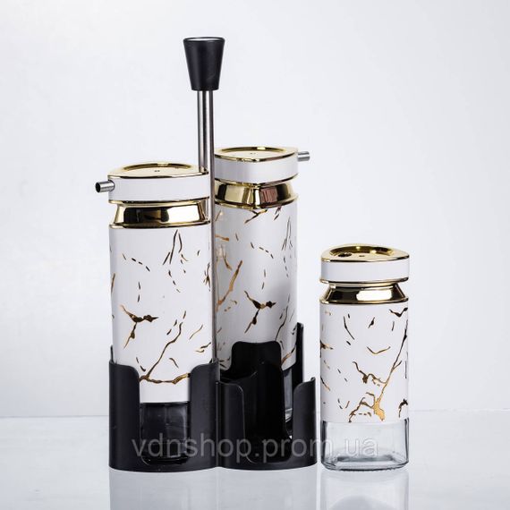 Набор баночек для специй и жидких текстур 4 предмета на подставке белый мрамор HP-1331 | Зображення 3