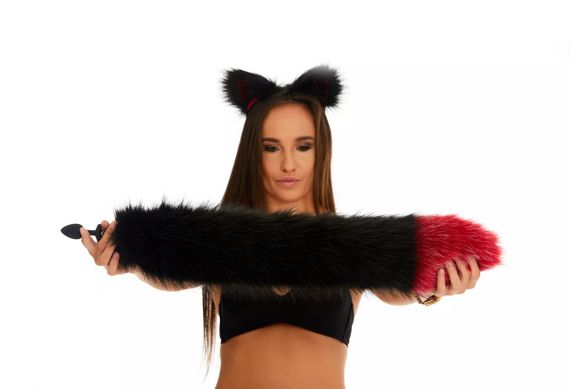 Анальний хутряний хвіст без пробки, Чорний з темно-червоним кінчиком, OKOVA 60 см. sexstyle | Зображення 3