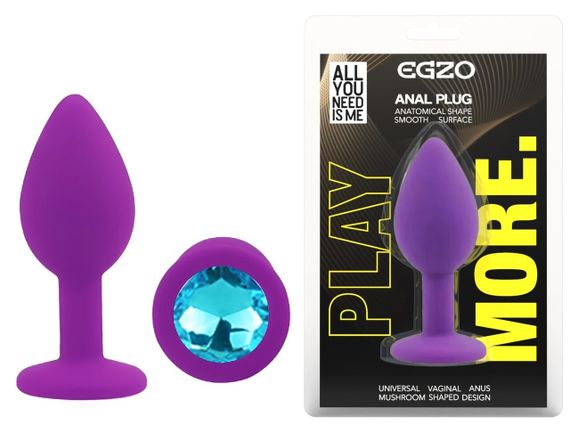 Анальна пробка S EGZO Silicone Purple Aqua SFR-13S із блакитним кристалом, фіолетова Sex Aura