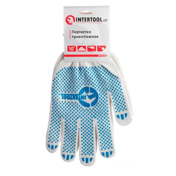 Рукавичка трикотажна 70% бавовна, 30% поліестер, 10", колір білий, синя ПВХ цятка INTERTOOL SP-0130 | Зображення 1