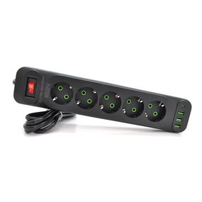 Сетевой фильтр F25U, 5 розеток EU+3 USB+PD, кнопка включения с индикатором, 2 м, 3х0,75мм, 2500W, Black, Box
