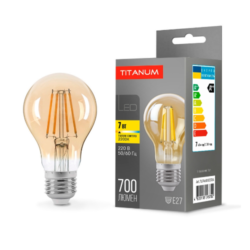 Лампа A60 7W E27 2200К 220V Filament A LED Titanum