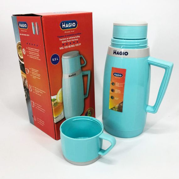 Термос Magio MG-1051B зі скляною колбою, Хороший термос, Термос для води. Колір: блакитний | Зображення 3
