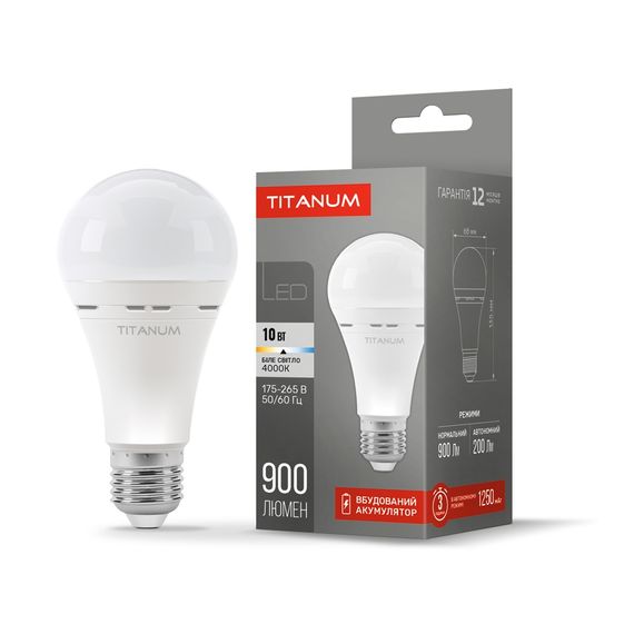 Лампа світлодіодна LED акумуляторна Titanum 10W E27 4000K 220V TL-EMA68-10274