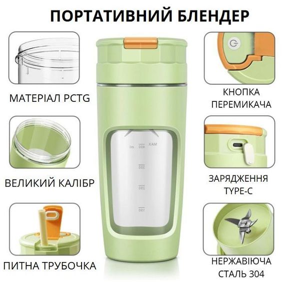 Акумуляторний блендер P2060R 600 мл — Зелений Tritan BPA-free, портативний подрібнювач із функцією змішування | Зображення 6