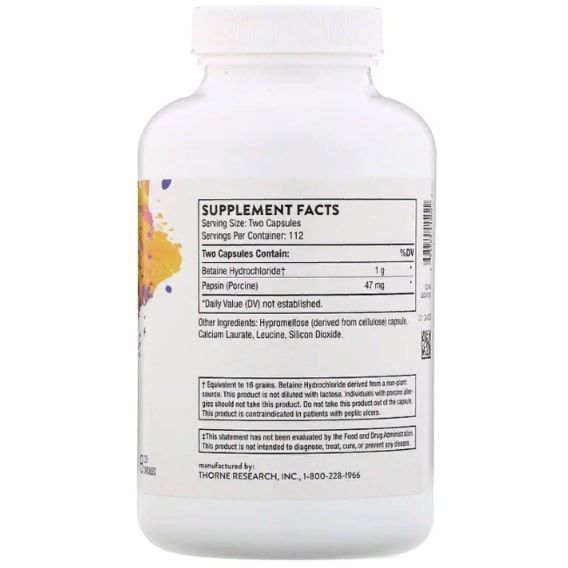 Бетаїну гідрохлорид Thorne Research Betaine HCL & Pepsin 225 Caps THR-41502 | Зображення 1