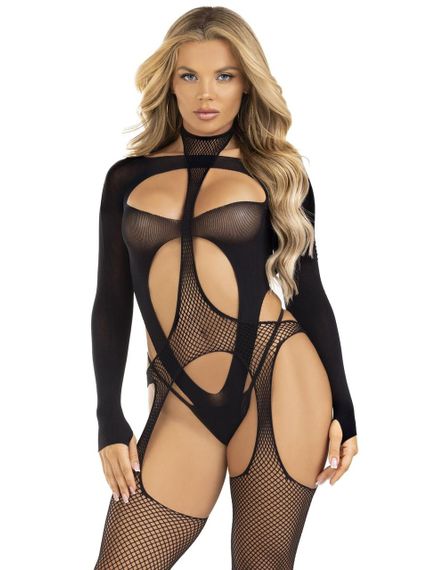 Бодістокінг 2 в 1 Leg Avenue Bodystocking with cutout teddy, One Size, чорний, панчохи-сітки і тедді sexstyle | Зображення 2