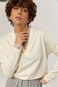 Вільний лонгслів з мереживом - кремовий цвет, ONE SIZE (є розміри)