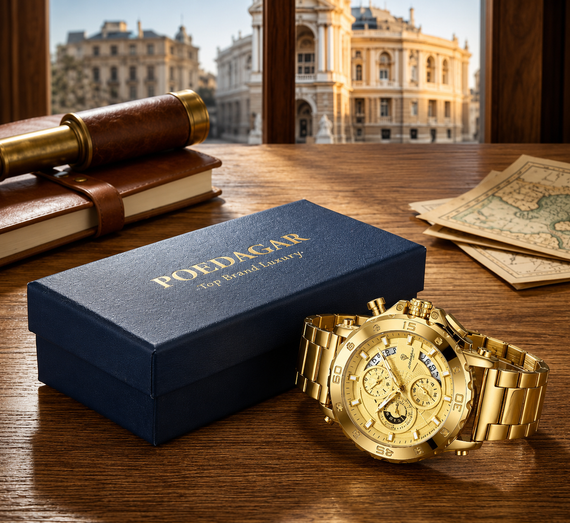 Мужские наручные часы Poedagar 892 Gold со светящимися в темноте стрелками золотистый металлический браслет | Зображення 7