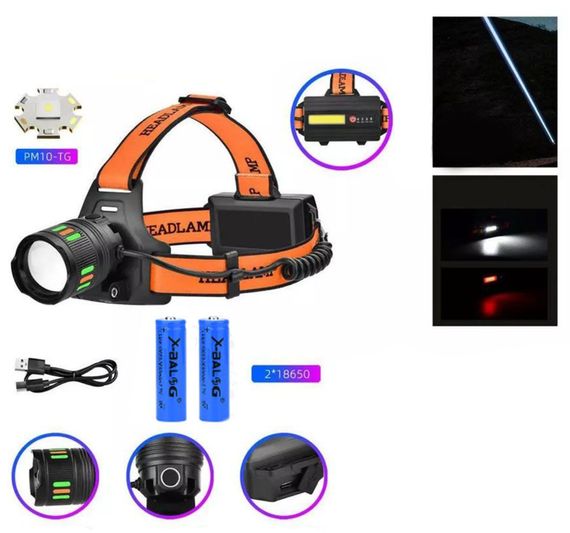 Налобний ліхтар з білим та червоним світлом XPRO NIGHT VISION FLUORESCENCE BL-T203-TG, 2x18650, зарядка USB Type-C, водонепроникний корпус, регульований зум (47142-203_214) | Зображення 5