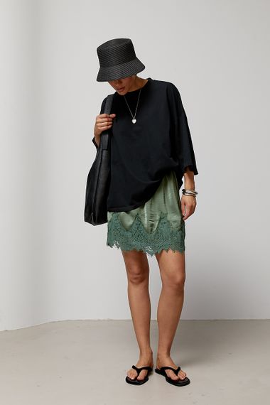 Атласна мініспідниця з мереживом - зелений цвет, ONE SIZE (є розміри) | Зображення 2