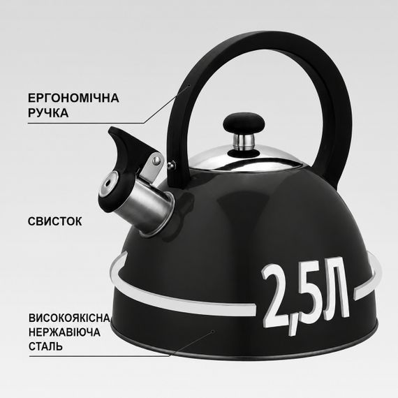 Чайник со свистком Maestro MR-1302-BLACK, 2,5 л, из нержавеющей стали, для всех типов плит | Зображення 4