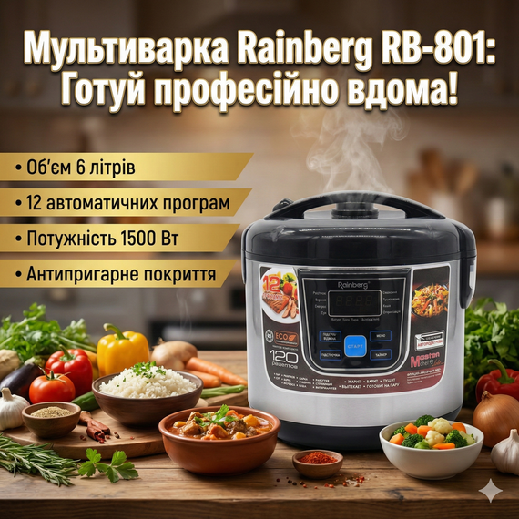 Багатофункціональна універсальна мультиварка 6 л, 1500W, 12 програм, Rainberg RB-801/Мультиварка