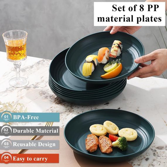 Набор пластиковых тарелок 8 шт 23 см, многоразовые обеденные миски темно-зеленые для кемпинга, дома, природы | Зображення 2