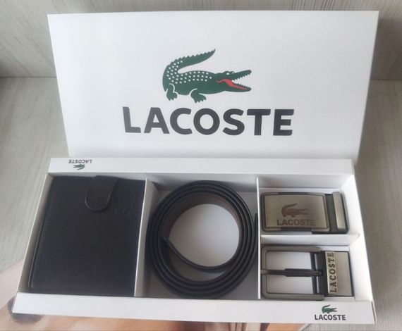 Чоловічий шкіряний подарунковий набір Lacoste двосторонній ремінь black/brown з двома пряжками і гаманець | Зображення 7
