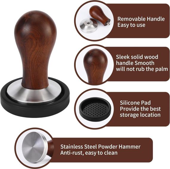 Темпер 51 мм для кофе из нержавеющей стали деревянной ручкой силиконовым ковриком для бариста для кофемашины | Зображення 4