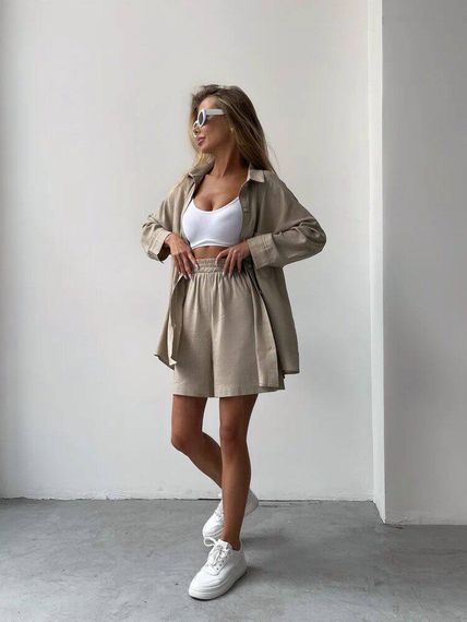 Женский летний костюм рубашка и шорты BF167 цвет бежевый, оверсайз 48/50 | Зображення 1