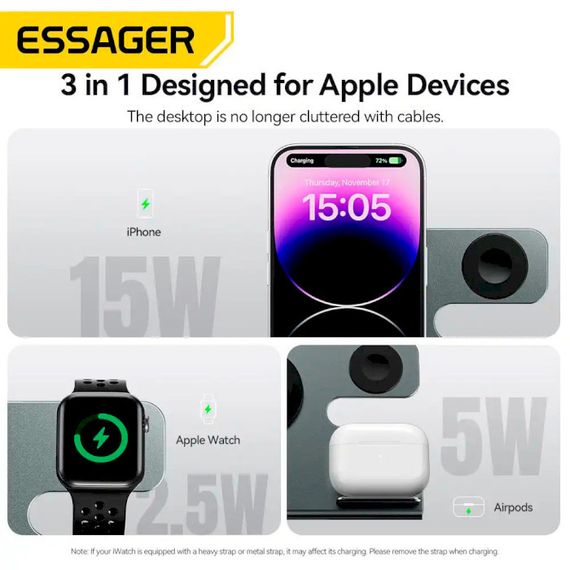 Бездротовий зарядний пристрій Essager  Ruicheng desktop magnetic suction three in one wireless charging of 15W black | Зображення 5