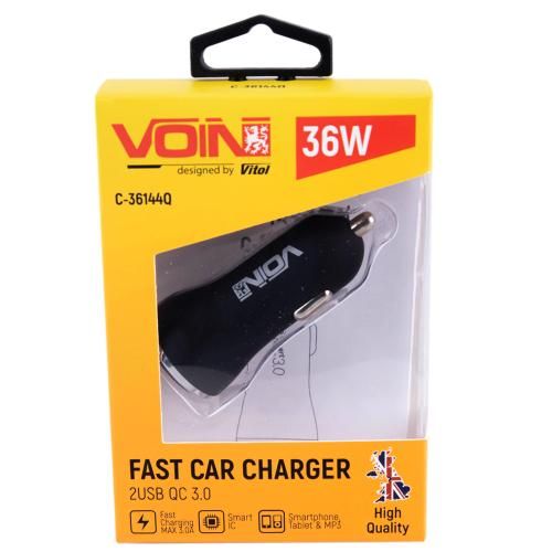 Автомобільний зарядний пристрій VOIN, 2USB QC3.0 36W 12/24V (3.6-6.5V*3A,6.5-9V*2A,9V-12V*1.5A) | Зображення 1