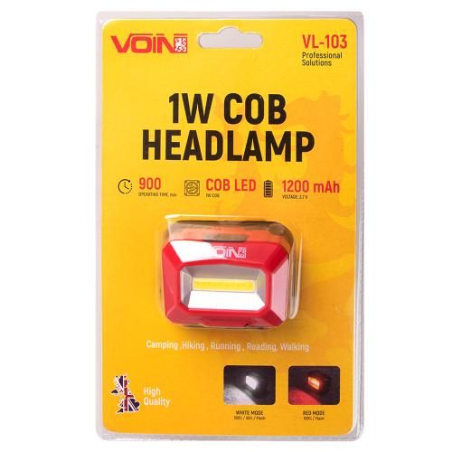 Ліхтар налобний VOIN VL-103, 1W-COB (W/R)/АКБ1200mAh/рег. нахилу | Зображення 1